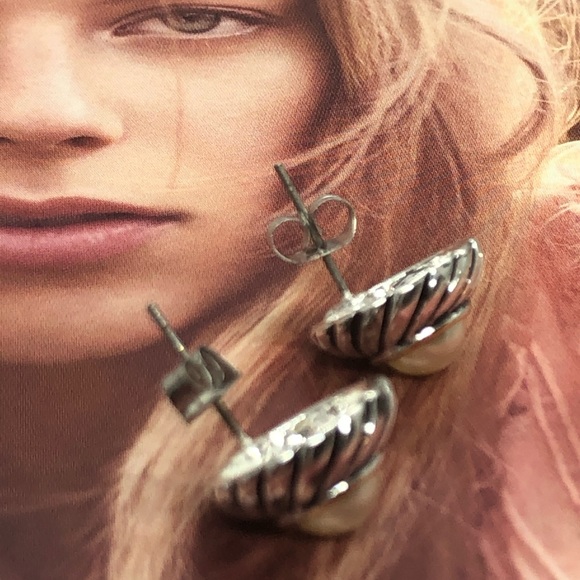 Silver Faux Pearl Stud Earrings - Picture 2 of 4